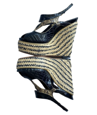 CHRISTIAN DIOR Black Beige Python Wedge Espadrille Sandals, Size 