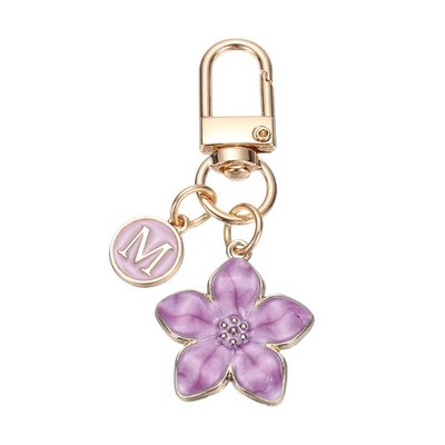 Cute Flower Keychain, Letter-M Initial Keychain Charm for Women, Purple