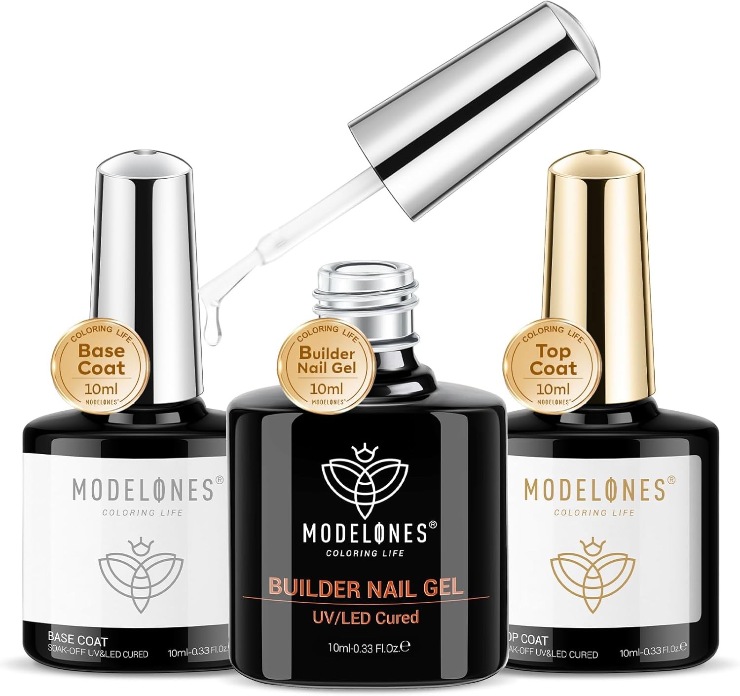Modelones Builder Gel with Base and Top Coat Set, 3Pcs No Wipe Base and Top Coa
