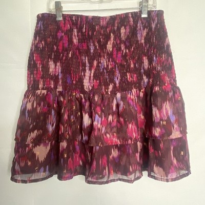 Aqua Flowy floral Ruffle Mini skirt Purple Pink size L Boho Festival Peasant