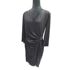 Vintage Women Velvet Wrap Midi Dress Black Size 10 Ruched 90s Minimalist Stretch