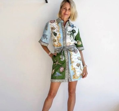 Sea Life Print Collared Belted Shirt Dress XXL Linen Blend Blue Green