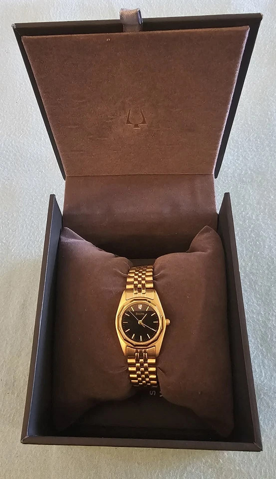 Bulova Gold Tone Womens Watch Round 24mm 92F82 W/ Black Dial - Image 4 of 4