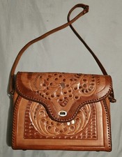 Vintage Brown Leather Hand Tooled Purse/Shoulder Bag With Floral Designs