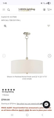 Visual Comfort Thomas O Brien, Reed Hanging Shade, TOB 5011PN  *No Shade*