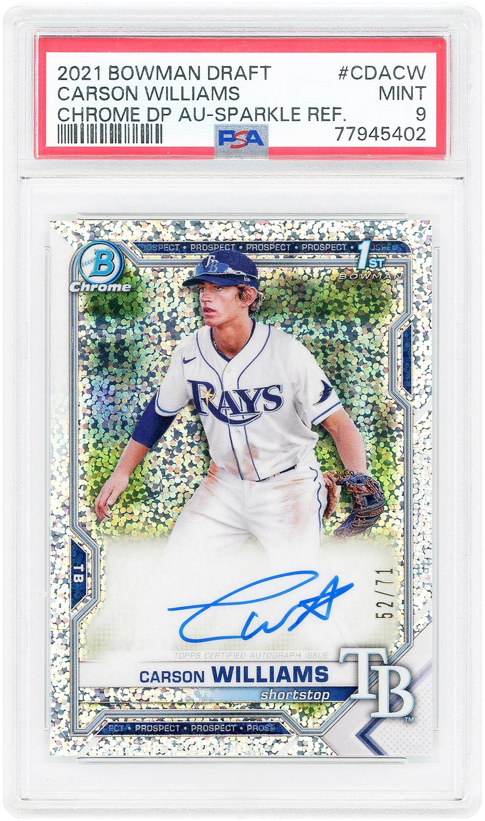Carson Williams Rays Signed 2021 Bowman Draft Chrome #CDA-CW #52/71 PSA 9 Card