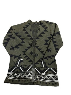 FRYE Womens Navajo Geometric Print Cardigan Sweater Olive Green Boho Western Med