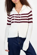 Hooked Up by Iot X6022 Stripe Full Zip Knit Sweater Hoodie Ivory/Burgundy S