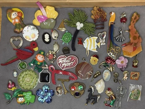 Vintage Costume Jewelry Lot Of 50 Pins, Charms, Pendants