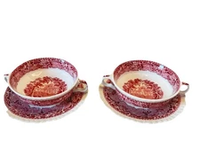 RARE Mason's Vista China Pink Cream Soup Bowl & Saucer No Rim Set Of 2