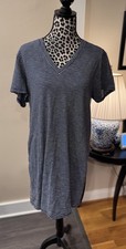 Lands End Dress M 10-12 Striped Blue White V-neck Short Sleeve Cotton Pocket