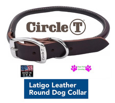 USA MADE CIRCLE T Premium Latigo Leather ROLLED DOG COLLAR Round Heavy Duty