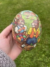 Vintage West German Paper Mache Easter Egg Box Large Easter Bunny German Scene