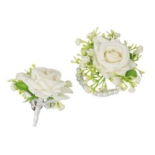 2 Red Rose Wrist Corsage and Boutonniere Set for Bride, Groom, Bridesmaids, G...