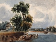 FIGURINE IN BARCA SUL FIUME antico dipinto ad acquerello - XIX secolo