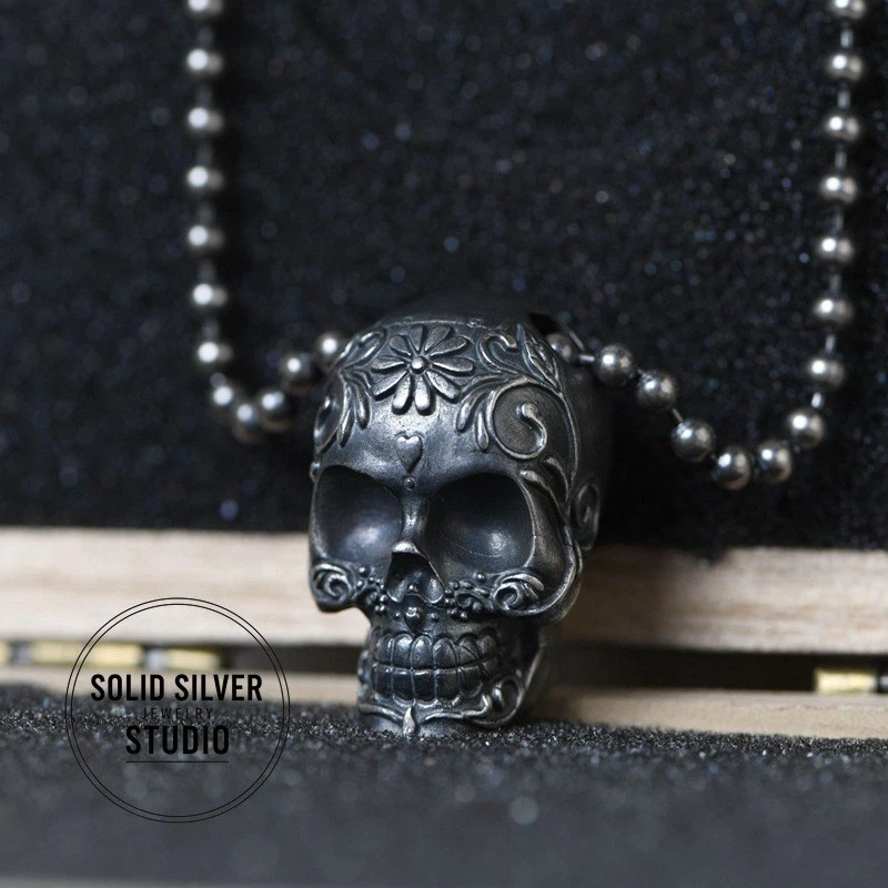 Collar de calavera de azúcar de plata esterlina S925 pesado para hombre patrón floral 26 pulgadas Foto 2 de 4