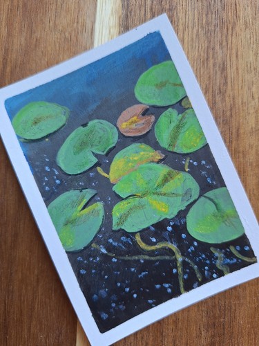 aceo original art card of lily pads in water done with acrylic marker