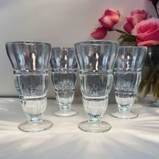 Indiana Glass Ribbed Soda Fountain Milkshake Glasses Set 4 Footed Vintage Clear
