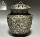 Koro #385 Japanese Tea Ceremony Vtg Bronze Silver Flower Insect Incense Burner