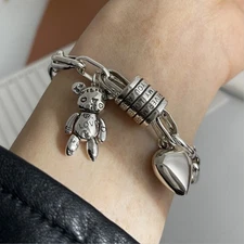 925 Sterling Silver Bear Heart Charm Bracelet - Style A B