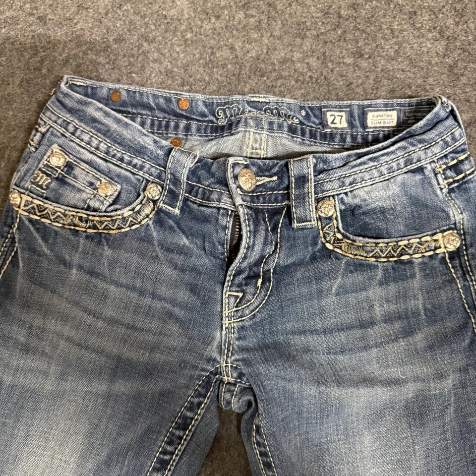 Pantalones de mezclilla Miss Me Signature ajustados para mujer talla 27 bolsillos adornados azul Foto 3 de 4