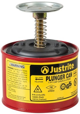 Plunger Can for Solvents, 1 Pint Capacity, 5.25'' x 4.9'' Steel Push-Down Solve...