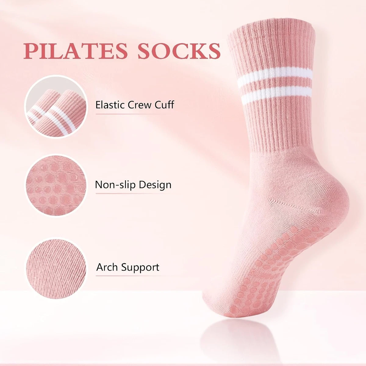 Calcetines Pilates Grip para Mujer, 3 Pares Calcetines Antideslizantes Crew para Reformer, Barre...