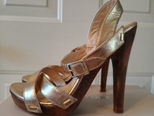 Jimmy Choo Metallic Nappa Gold Wood Platform Stiletto 063HEP Heels Sandals sz 36