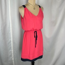 LOFT Petite Coral Pink Sleeveless Dress SP Navy Trim Elastic Waist Dress