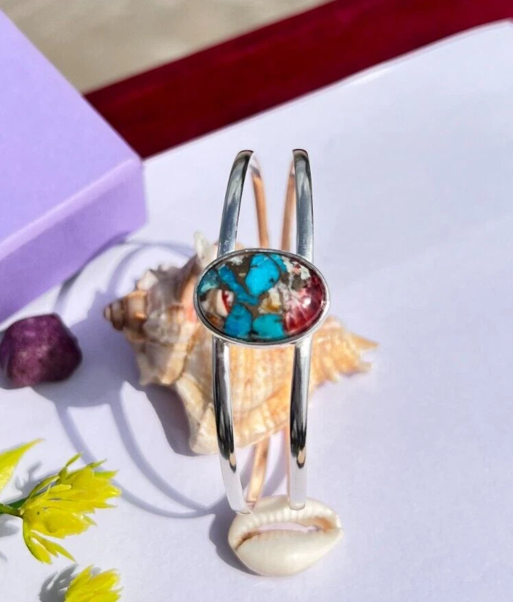 Rainbow Oyster Turquoise Bangle 925 Pure Silver Bangle Handmade Bracelet Jewelry - Image 4 of 4