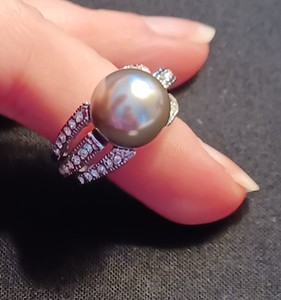 Simulated Tahitian Gray Pearl CZ 18k White Gold Plated Ring Sz 6