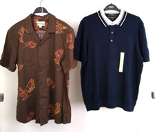 M&S Men's Brown Floral Shirt & Navy Polo Shortsleeve Shirt 2xPcs Size L NEW F2