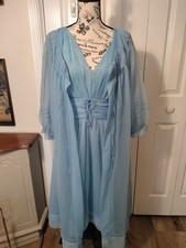 Vintage 1960s Shadowline Blue Chiffon Peignoir Set Nightgown Robe Size 40 USA