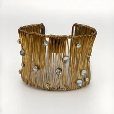 Wide Gold ToneWire Wrap Cuff Bracelet With Rhinestone Embellishments Approx 2”