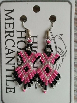 Native American Beaded Fringed Hook Earrings/pink ladies