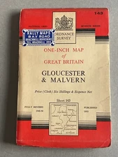OS Ordnance Survey One Inch Cloth Map,of  Gloucester & Malvern, Sheet 143, 1953