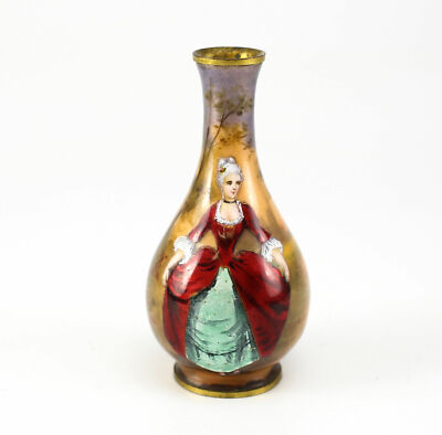 French Hand Painted Enamel, Gilt Bronze Vase; Woman in Red Dress Signed; c1900