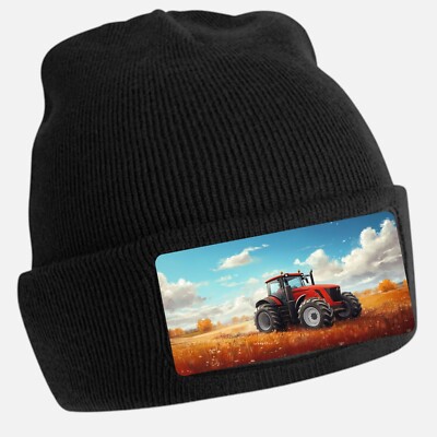Black Beanie Hat with Cool Tractor Motif - Unisex Cap, Cotton
