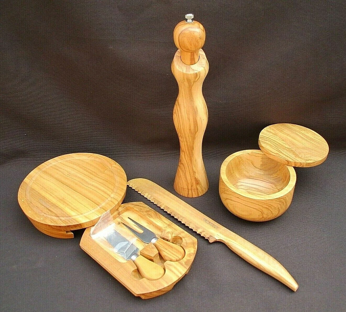 PETERSONS HOUSEWARES OLIVE WOOD SET PEPPER GRINDER, BON BON BOWL, CHEESE BOARD +