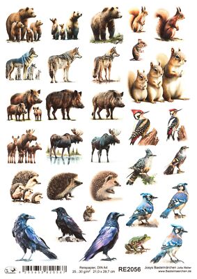 Reispapier A4 Strohseide Decoupage Waldtiere Bären Wolf Wölfe Igel Raabe RE2056
