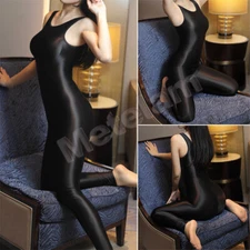 Ladies Sleeveless Romper Satin Shiny Jumpsuit Zipper Open Crotch Skinny Bodysuit