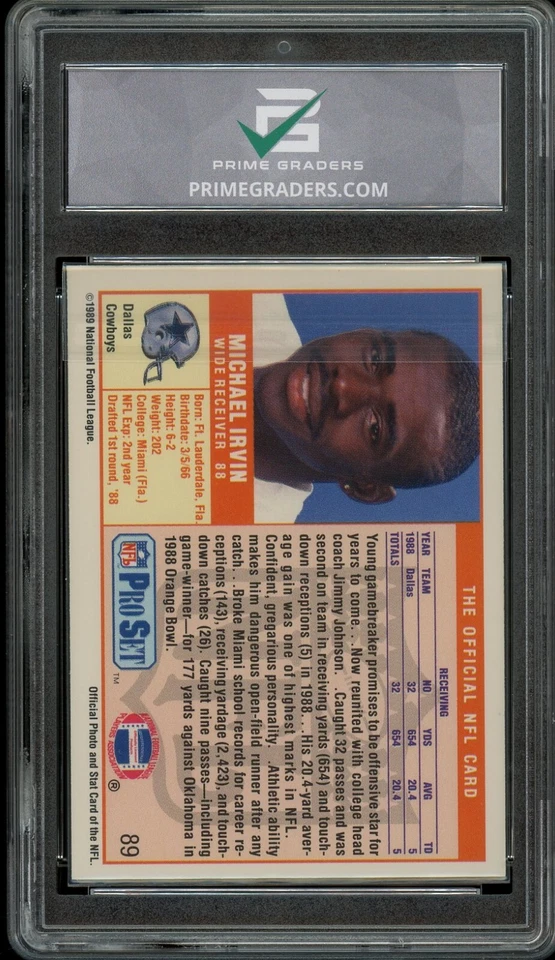 Tarjeta de novato 1989 Pro Set #89 Michael Irvin grado 10 gema como nueva radiocontrol Dallas Cowboys Foto 2 de 2