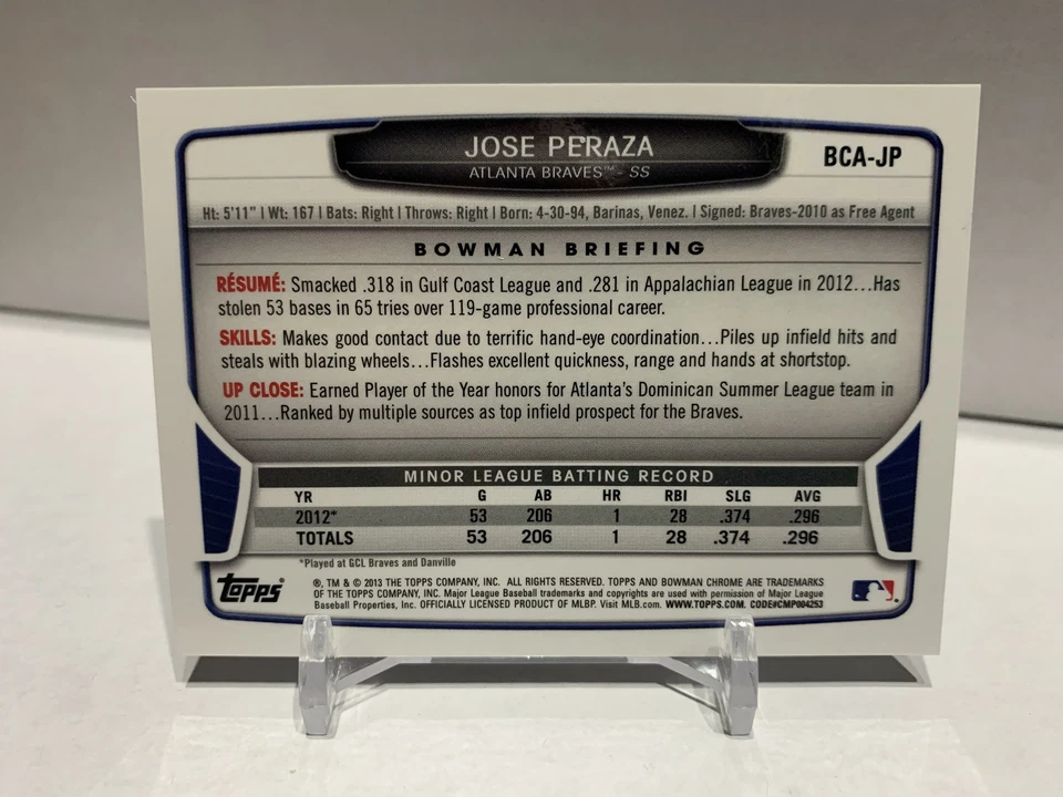 Jose Peraza 2013 Bowman Chrome Auto Rookie #BCA-JP Atlanta Braves - Image 2 of 2