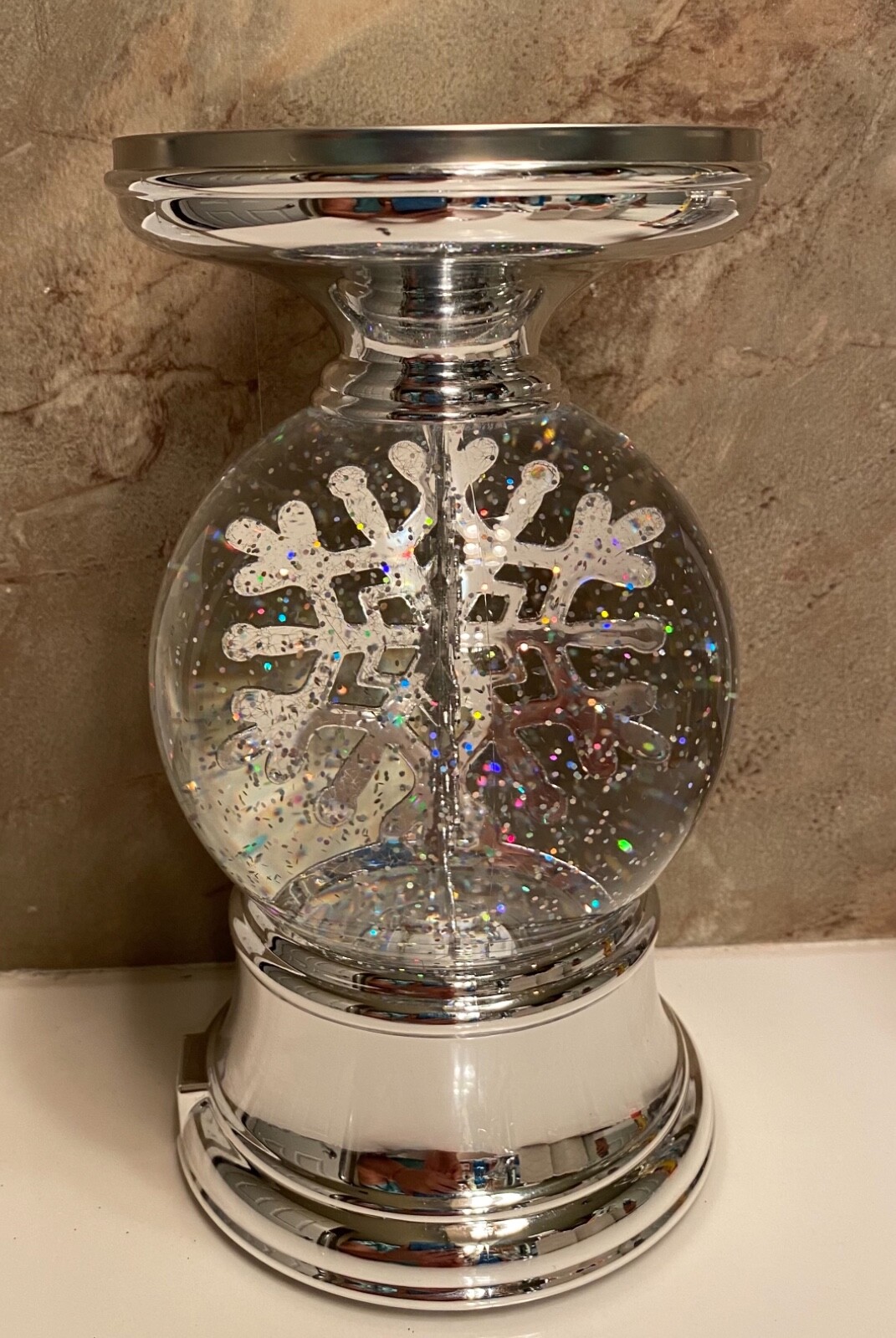 Bath & Body Works 3 Wick Candle Holder Snowflake LED Music Water Globe ...