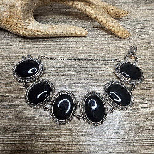 ESTATE ANTIQUE STERLING 925 SILVER MARCASITE ONYX STATEMENT BRACELET 6.5" - 第 1/13 張圖片