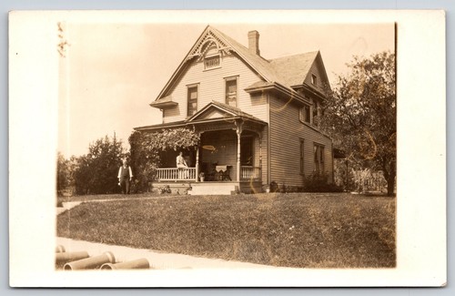 RPPC American Square Home w/Bargeboard~Balustrade Railings~Older Couple~c1910 PC