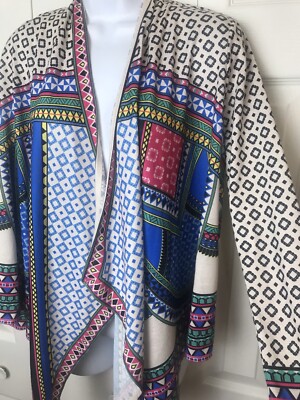 New FLYING TOMATO Aztec Cardigan Sweater Boho Open Front Green Pink Sz S NWT