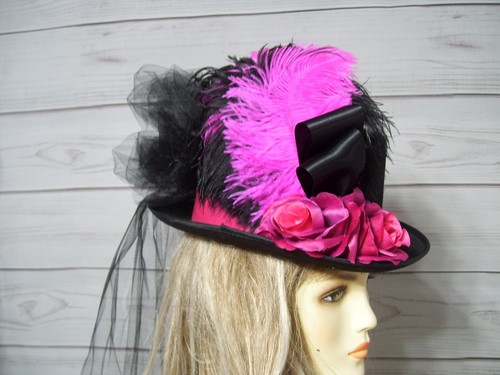 Black Top Hat with Pink Roses Halloween Top Hat Kentucky Derby Hat Burlesque Hat - Picture 3 of 5