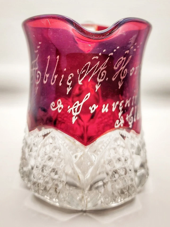ANTIQUE 1904 Ruby Stained Souvenir EAPG Creamer Pitcher | Elkhorn Fair Wisconsin - Image 2 of 4