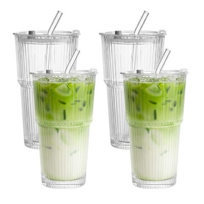 4er Set Geriffelte Trinkgläser 550ml Deckel Iced Matcha Latte Gläser Macchiato